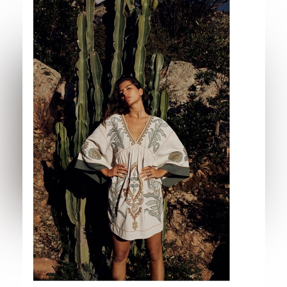 zara linen blend dress with embroidery Linen blend embroidered kaftan dress - Brown